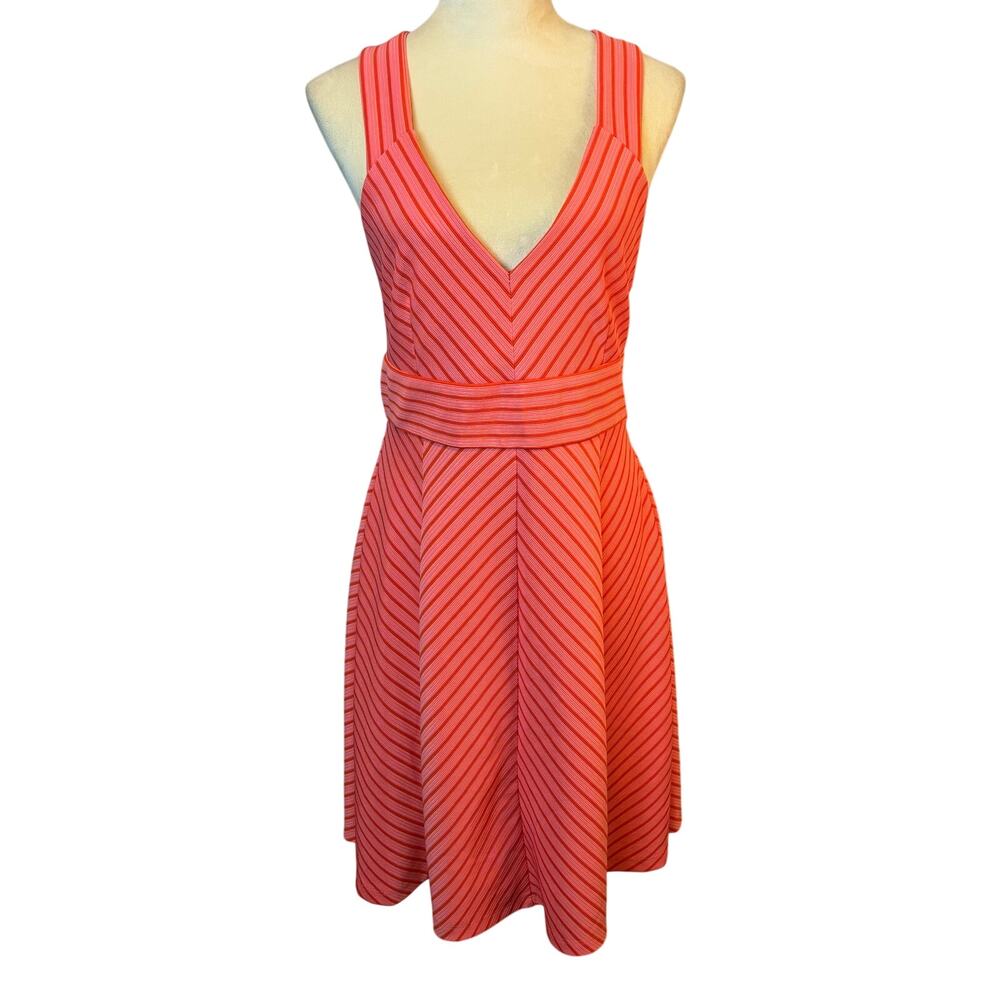 Adrianna Papell Pink Halter Striped Dress Pink Peach Low V Neck Medium
